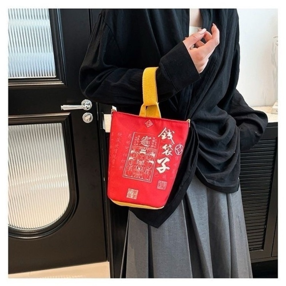 Red Canvas Bucket Crossbody Bag Chinese Noodle Cup Style Small Shoulder‎ Bag new